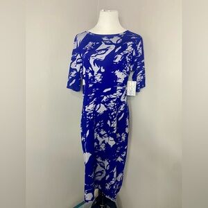 LuLaRoe Julia Dress Blue and Gray Abstract Midi Form Fitting